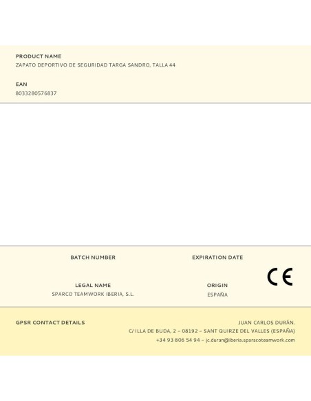 Zapato Deportivo De Seguridad Targa Sandro, Talla 45 Sparco