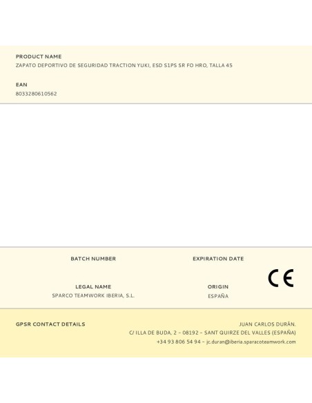 Zapato Deportivo De Seguridad Traction Yuki, Esd S1Ps Sr Fo Hro, Talla 46 Sparco