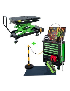 CARRO DE HERRAMIENTAS 7 CAJONES VERDE ESPECIAL VDE + MESA HIDRÁULICA PARA BATERÍAS