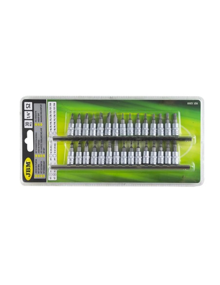 JUEGO DE 30 PUNTAS PHILIPS, PLANA, ALLEN, TORX, TORX INVIOLABLE CON VASO DE 1/4"