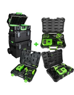 CARRO MODULAR APILABLE + AMOLADORA ANGULAR + TALADRO PERCUTOR + PISTOLA DE IMPACTO CON MALETÍN