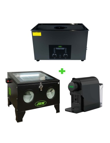 LIMPIADOR DE PIEZAS ULTRASÓNICO 30L + MÁQUINA CHORREADORA DE ARENA 90L + CAFETERA DE CÁPSULAS