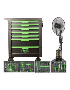54389 CARRO DE HERRAMIENTAS 7 CAJONES VERDE + 54125 VENTILADOR NEBULIZADOR DE AGUA 75W
