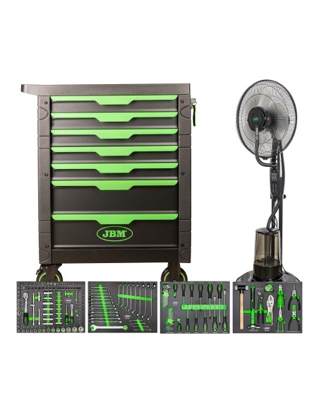 54389 CARRO DE HERRAMIENTAS 7 CAJONES VERDE + 54125 VENTILADOR NEBULIZADOR DE AGUA 75W