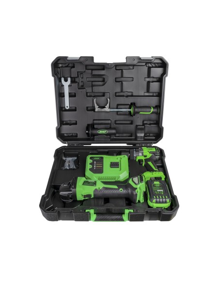 KIT DE AMOLADORA ÁNGULAR Y TALADRO PERCUTOR A BATERÍA CON MALETÍN