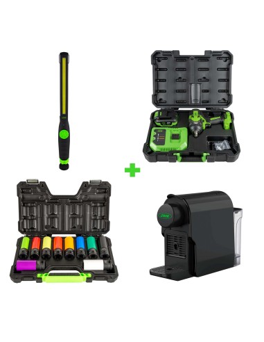 KIT DE 10 VASOS IMPACTO DE 1/2 + PISTOLA DE IMPACTO A BATERÍA + PORTÁTIL DE TALLER COB + CAFETERA