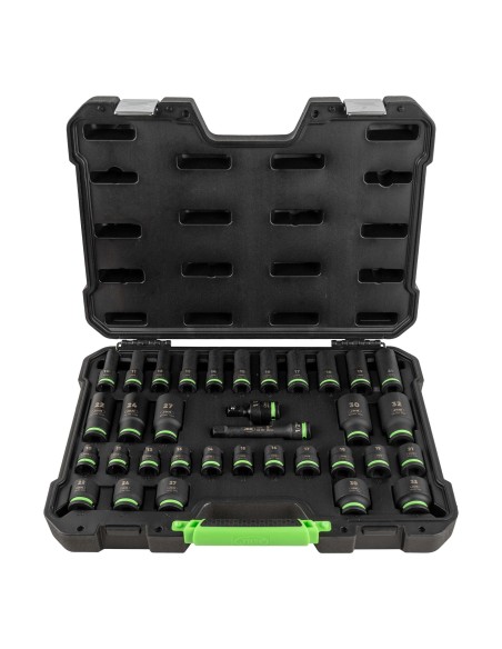 SET DE 34 PIEZAS DE IMPACTO CON 16 VASOS LARGOS DE 1/2" HEXAGONALES + ADAPTADORES