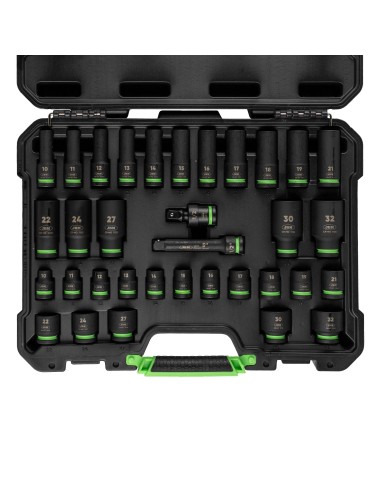 SET DE 34 PIEZAS DE IMPACTO CON 16 VASOS LARGOS DE 1/2" HEXAGONALES + ADAPTADORES