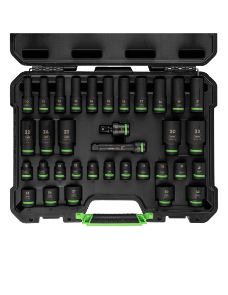 SET DE 34 PIEZAS DE IMPACTO CON 16 VASOS LARGOS DE 1/2" HEXAGONALES + ADAPTADORES