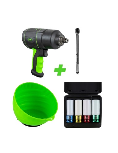 53608 PISTOLA DE IMPACTO 1/2" + 51127 LLAVE DINAMOMÉTRICA + 52338 SET DE 4 VASOS + 52466 RECIPIENTE