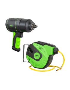 53608 PISTOLA DE IMPACTO 1/2" 1200NM+ 53882 CARRETE DE MANGUERA DE AIRE 11M - VERDE