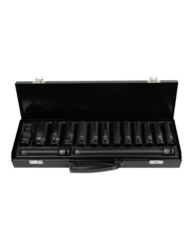 SET DE 15 PIEZAS DE IMPACTO CON 12 VASOS LARGOS DE 1/2" HEXAGONALES + ADAPTADORES
