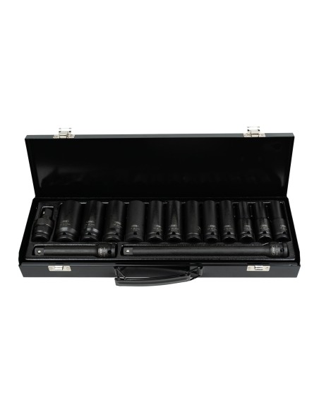 SET DE 15 PIEZAS DE IMPACTO CON 12 VASOS LARGOS DE 1/2" HEXAGONALES + ADAPTADORES