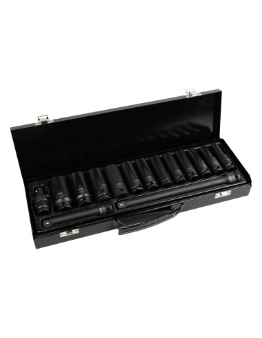 SET DE 15 PIEZAS DE IMPACTO CON 12 VASOS LARGOS DE 1/2" HEXAGONALES + ADAPTADORES