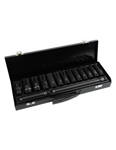 SET DE 15 PIEZAS DE IMPACTO CON 12 VASOS LARGOS DE 1/2" HEXAGONALES + ADAPTADORES