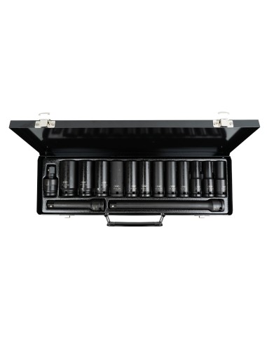 SET DE 15 PIEZAS DE IMPACTO CON 12 VASOS LARGOS DE 1/2" HEXAGONALES + ADAPTADORES