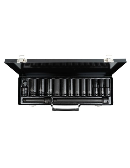 SET DE 15 PIEZAS DE IMPACTO CON 12 VASOS LARGOS DE 1/2" HEXAGONALES + ADAPTADORES