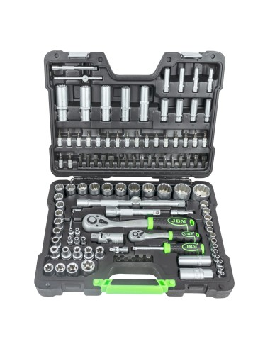 MALETÍN DE HERRAMIENTAS DE 113 PIEZAS CON VASOS DE 12 CANTOS DE 1/4" Y 1/2" CINCADO