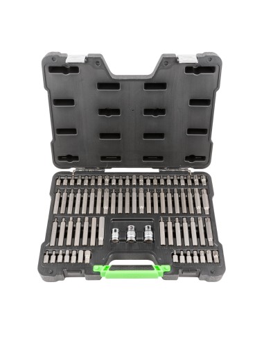 MALETÍN DE 75 PUNTAS HEXAGONALES, XZN, RIBE, TORX Y TORX INVIOLABLE DE 1/2" Y 3/8"