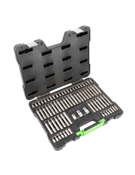 MALETÍN DE 75 PUNTAS HEXAGONALES, XZN, RIBE, TORX Y TORX INVIOLABLE DE 1/2" Y 3/8"