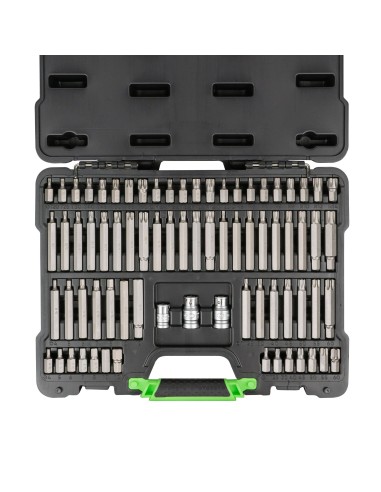 MALETÍN DE 75 PUNTAS HEXAGONALES, XZN, RIBE, TORX Y TORX INVIOLABLE DE 1/2" Y 3/8"