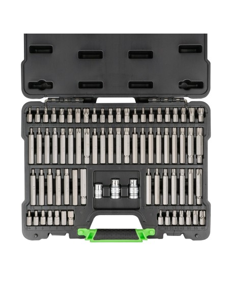 MALETÍN DE 75 PUNTAS HEXAGONALES, XZN, RIBE, TORX Y TORX INVIOLABLE DE 1/2" Y 3/8"