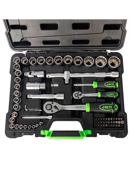 MALETÍN DE HERRAMIENTAS DE 74 PIEZAS CON VASOS DE 12 CANTOS DE 1/2" Y 1/4" CINCADO