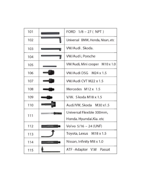 SET DE 15 ADAPTADORES PARA BOMBA LLENADO SISTEMA TRANSMISIÓN PARA REF. 52797