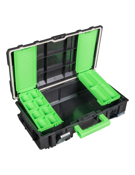 CAJA PARA HERRAMIENTAS APILABLE CON 2 ORGANIZADORES LATERALES DE PIEZAS (11 COMPARTIMENTOS)