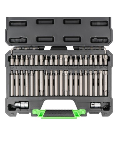 MALETÍN DE 42 PUNTAS HEXAGONALES, 12 CANTOS Y TORX INVIOLABLES DE 1/2 Y 3/8"