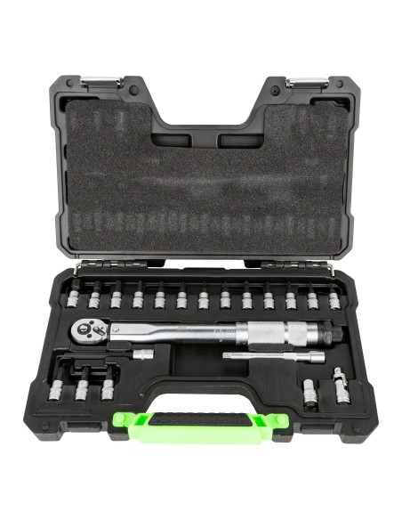 ESTUCHE DE 21 PUNTAS Y ADAPTADORES DE 1/4" CON LLAVE DINAMOMÉTRICA