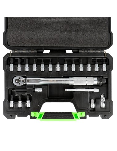 ESTUCHE DE 21 PUNTAS Y ADAPTADORES DE 1/4" CON LLAVE DINAMOMÉTRICA