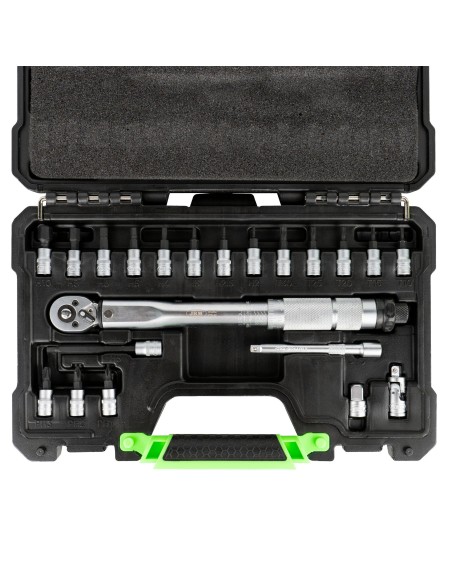 ESTUCHE DE 21 PUNTAS Y ADAPTADORES DE 1/4" CON LLAVE DINAMOMÉTRICA