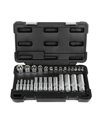 SET DE 28 VASOS TORX CORTOS Y LARGOS DE 1/2", 1/4" Y 3/8" CINCADO