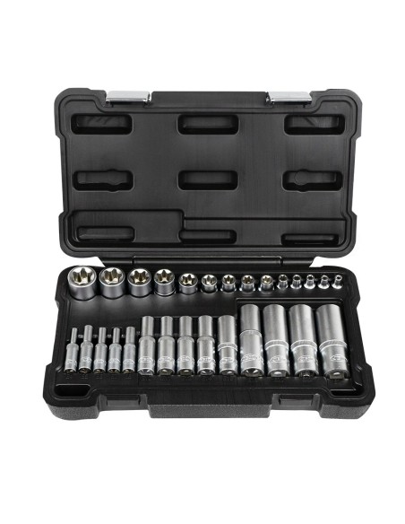 SET DE 28 VASOS TORX CORTOS Y LARGOS DE 1/2", 1/4" Y 3/8" CINCADO