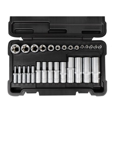 SET DE 28 VASOS TORX CORTOS Y LARGOS DE 1/2", 1/4" Y 3/8" CINCADO