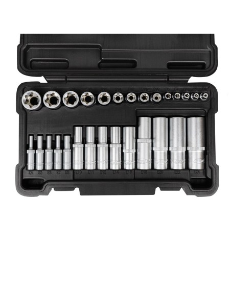SET DE 28 VASOS TORX CORTOS Y LARGOS DE 1/2", 1/4" Y 3/8" CINCADO