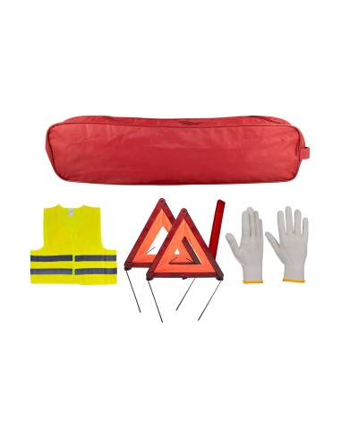 KIT EMERGENCIA BOLSA ROJA RIBETE+2TRIANGULOS+CHALECO+GUANTES