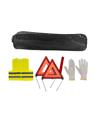 KIT EMERGENCIA BOLSA NEGRA RIBETE+2TRIANGULOS+CHALECO+GUANTES