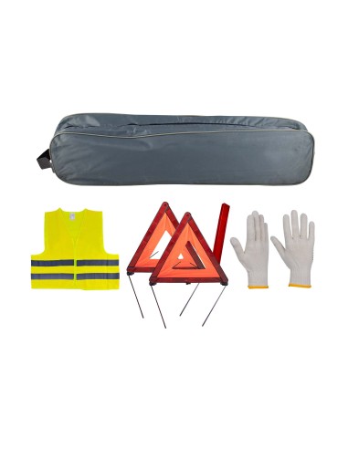 KIT EMERGENCIA BOLSA GRIS RIBETE+2TRIANGULOS+CHALECO+GUANTES