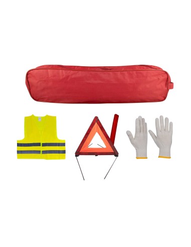 KIT EMERGENCIA BOLSA ROJA RIBETE+TRIANGULO+CHALECO+GUANTES