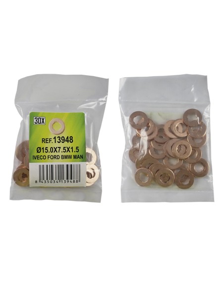 BOLSA DE 50 ARANDELAS DE COBRE PARA INYECTORES - Ø15.0X7.5X1.5 - IVECO, FORD, BMW, MAN (REF. 53464)