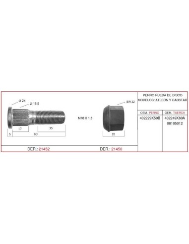 Perno de Rueda de Disco Derecho Nissan Atleon Cabstar M16x1.5