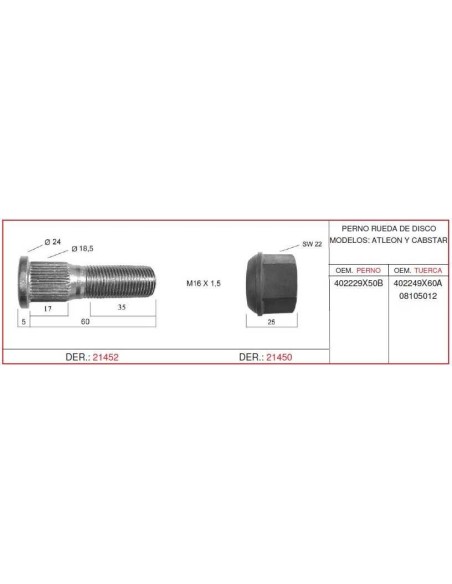 Perno de Rueda de Disco Derecho Nissan Atleon Cabstar M16x1.5