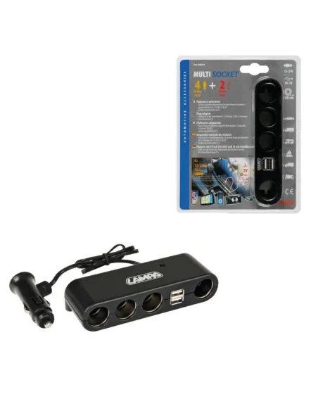 Enchufe Mechero 4 Tomas 5A + 2 Usb 1A Cable 60 Cm Fusible 12/24V