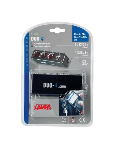 ADAPTADOR ENCHUFE MECHERO DUO-4 3 TOMAS 1 USB 12/24V LAMPA LAMACC2058