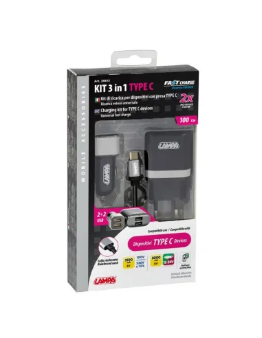 Kit 3 En 1 Tipo C Carga Raida 12/24V +230V
