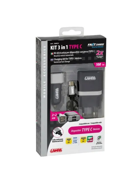 Kit 3 En 1 Tipo C Carga Raida 12/24V +230V